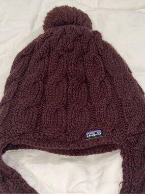 Patagonia Women’s One Size Wool Blend Brown Purple Knit Pom-Pom Earflap Beanie
